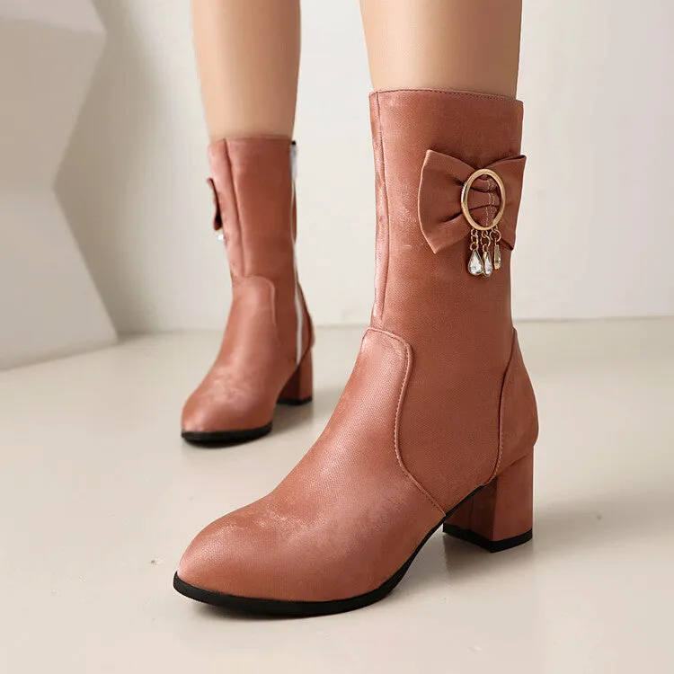 Women's Rhinestone Bows Round Toe Block Heel Mid Calf Boots
