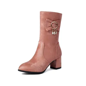 Women's Rhinestone Bows Round Toe Block Heel Mid Calf Boots