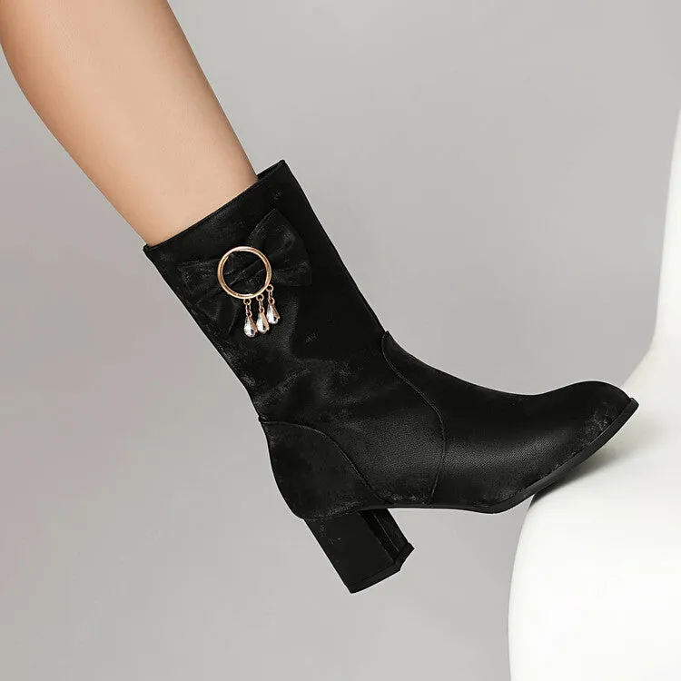 Women's Rhinestone Bows Round Toe Block Heel Mid Calf Boots