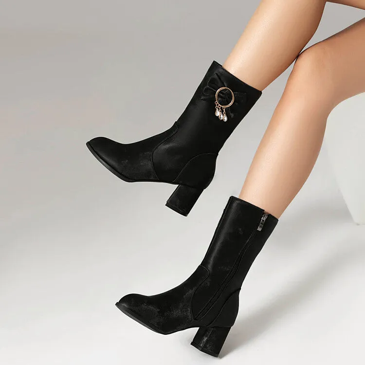Women's Rhinestone Bows Round Toe Block Heel Mid Calf Boots