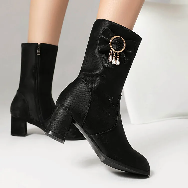 Women's Rhinestone Bows Round Toe Block Heel Mid Calf Boots