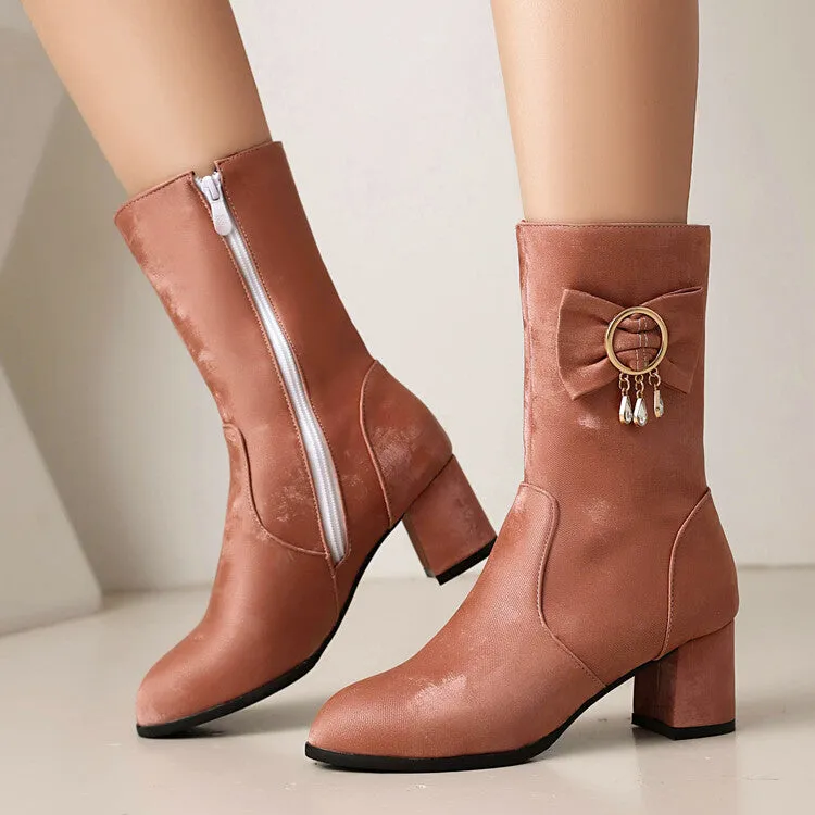 Women's Rhinestone Bows Round Toe Block Heel Mid Calf Boots