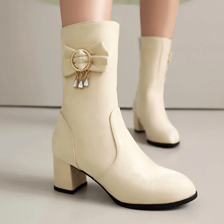 Women's Rhinestone Bows Round Toe Block Heel Mid Calf Boots