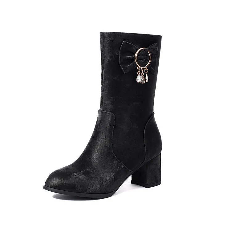 Women's Rhinestone Bows Round Toe Block Heel Mid Calf Boots