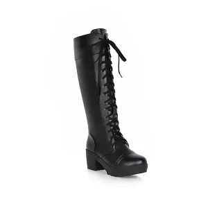 Women's Round Toe Lace Up Stitching Block Heel Platform Knee High Boots