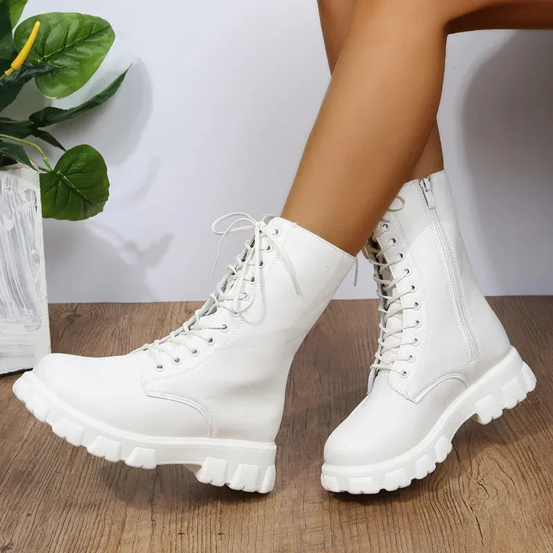 Women's Shoes Mid Calf Boots Gothic Punk Casual White Platform Woman Medium Heel Spring Summer 2023 Elegant with Free Shipping