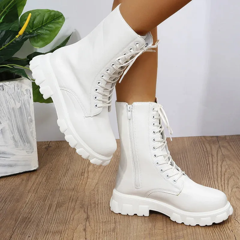 Women's Shoes Mid Calf Boots Gothic Punk Casual White Platform Woman Medium Heel Spring Summer 2023 Elegant with Free Shipping
