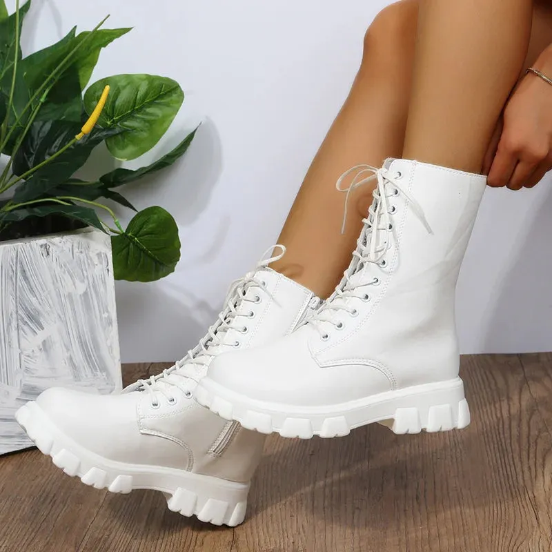 Women's Shoes Mid Calf Boots Gothic Punk Casual White Platform Woman Medium Heel Spring Summer 2023 Elegant with Free Shipping
